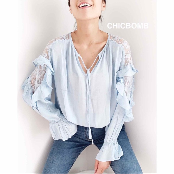 Boho Ruffles Long Sleeve Blouse in Light Blue - Effortlessly Chic and Versatile - Picture 4 of 8